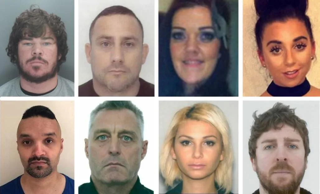 Collage of police mugshots of Michael Foster, Jamie Peters, Lisa Foster, Emily Newall, Atif Qadar, Paul Fleury, Aslihan Foster, and Paul Evans.