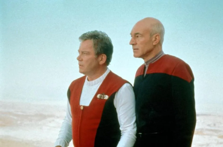 William Shatner as James T. Kirk and Patrick Stewart as Jean-Luc Picard in Star Trek Generations.