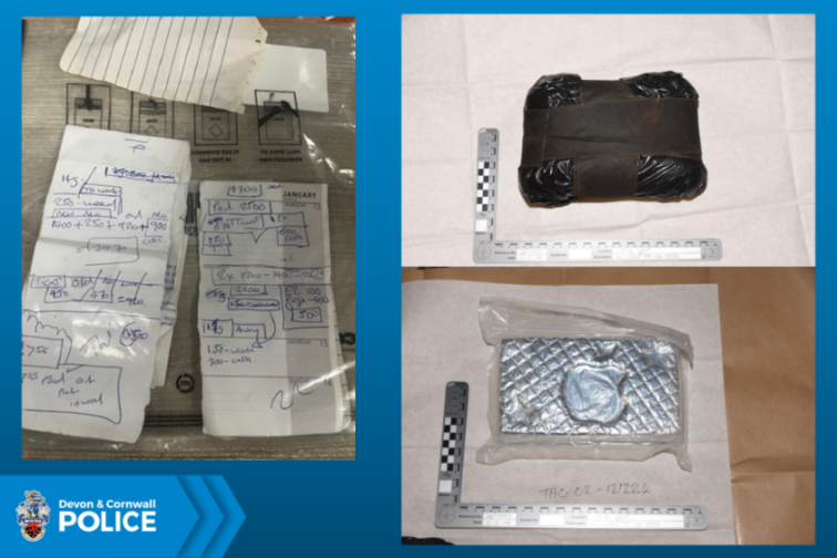 A collage of drug paraphernalia, including notes with handwritten details, and two packages of illicit substances, one wrapped in black, and one silver, with a logo resembling Apple.