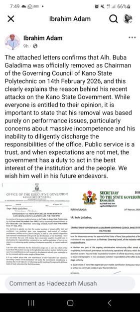'Adam: Galadima's Removal as Kano Poly Governing Council Chair Driven by Performance Concerns'
