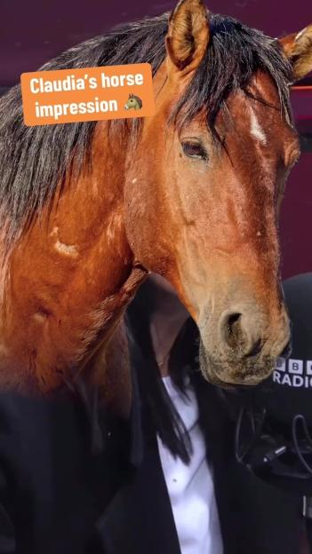 Collage of Claudia Winkleman and a horse.
