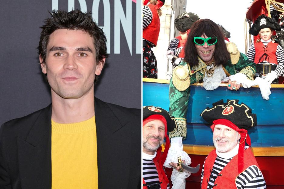 An image collage containing 2 images, Image 1 shows KJ Apa attending the Los Angeles special screening of "Lisa Frankenstein" at Hollywood Athletic Club, Image 2 shows Mr. Fantasy in a pirate costume, with green sunglasses and long brown hair, poses on a float