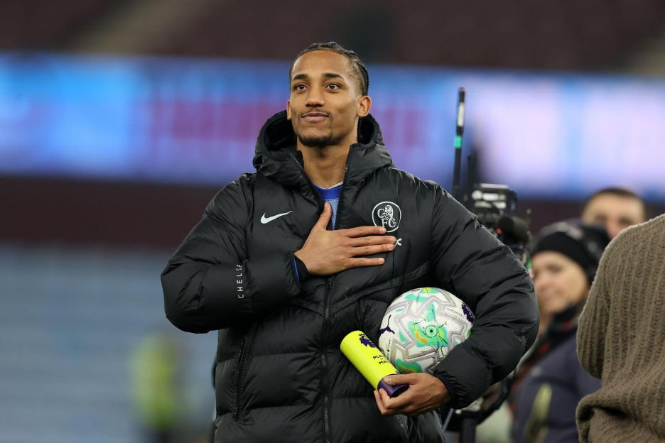 Joao Pedro of Chelsea , holds onto the match ball after his hat-trick as he celebrates after the match ..Premier League match, Aston Villa v Chelsea at Villa Park in Birmingham on Wednesday 4th March 2026. this image may only be used for Editorial p