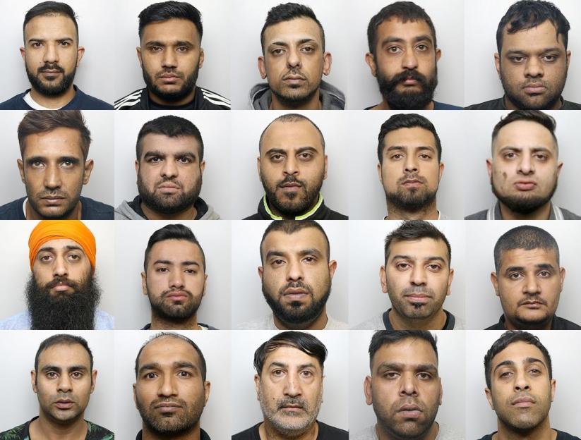 Collage of mugshots of sixteen men involved in the Huddersfield grooming gang.