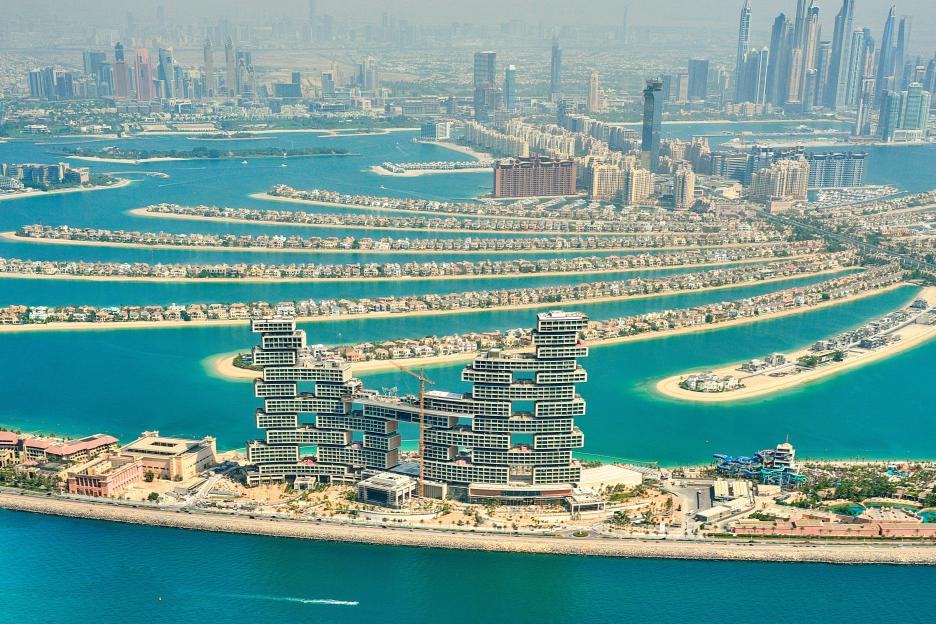 Aerial view of the Atlantis The Royal Residences and Palm Jumeirah in Dubai.
