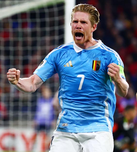 Kevin De Bruyne of Belgium celebrates scoring a goal against Wales at Cardiff City Stadium.