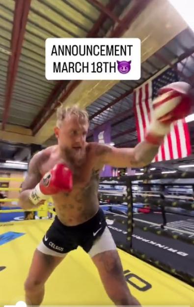 Jake Paul training in a boxing ring, with "ANNOUNCEMENT MARCH 18TH" overlaid on the image.