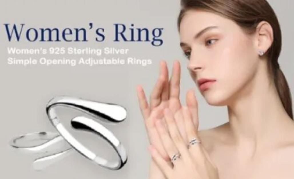 A close-up of a woman wearing a simple silver ring on her finger, next to an image of the same style of ring.