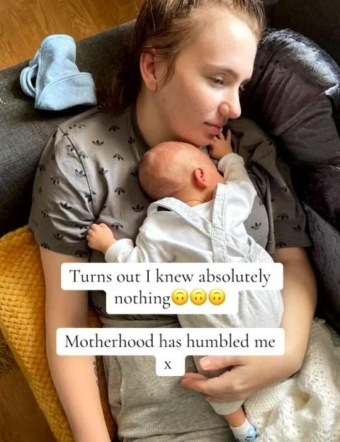 A woman holding a baby with text overlay: "Turns out I knew absolutely nothing. Motherhood has humbled me x".
