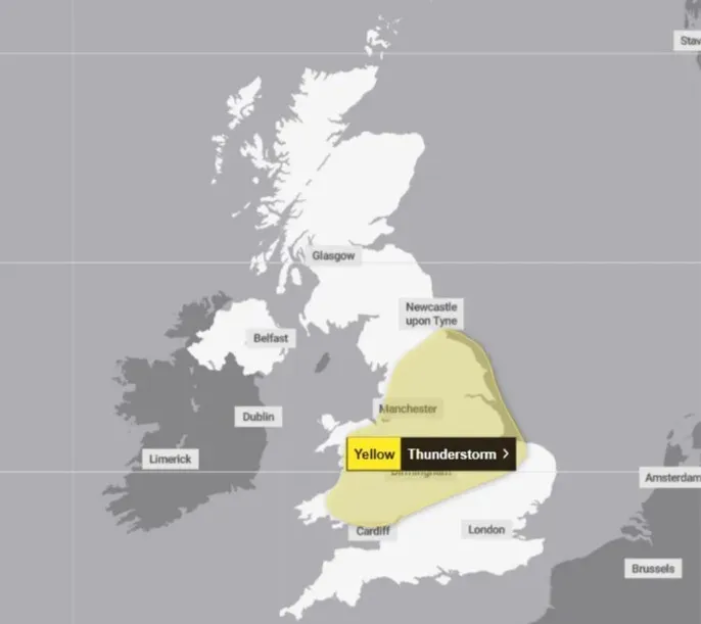 Illustration of a weather map of the UK, showing a yellow thunderstorm warning over a large section of England.