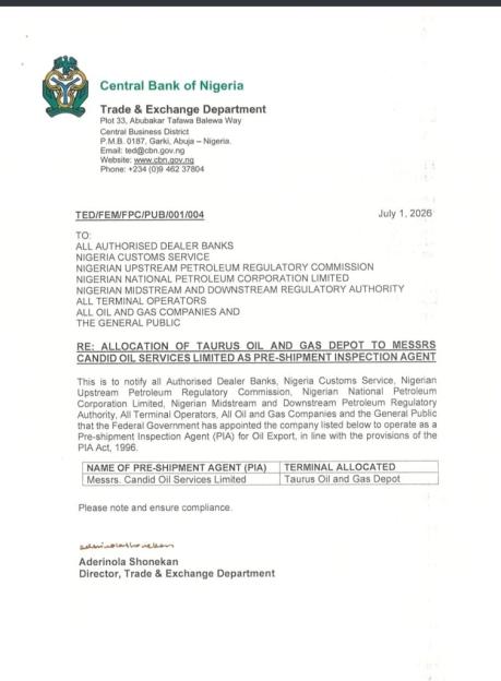 CBN Unveils New Pre-Shipment Inspection Agent for Oil Exports