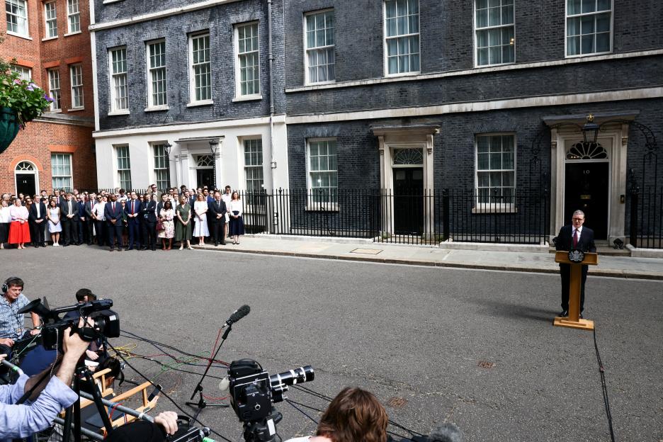 British Prime Minister Keir Starmer announces his resignation outside 10 Downing Street.