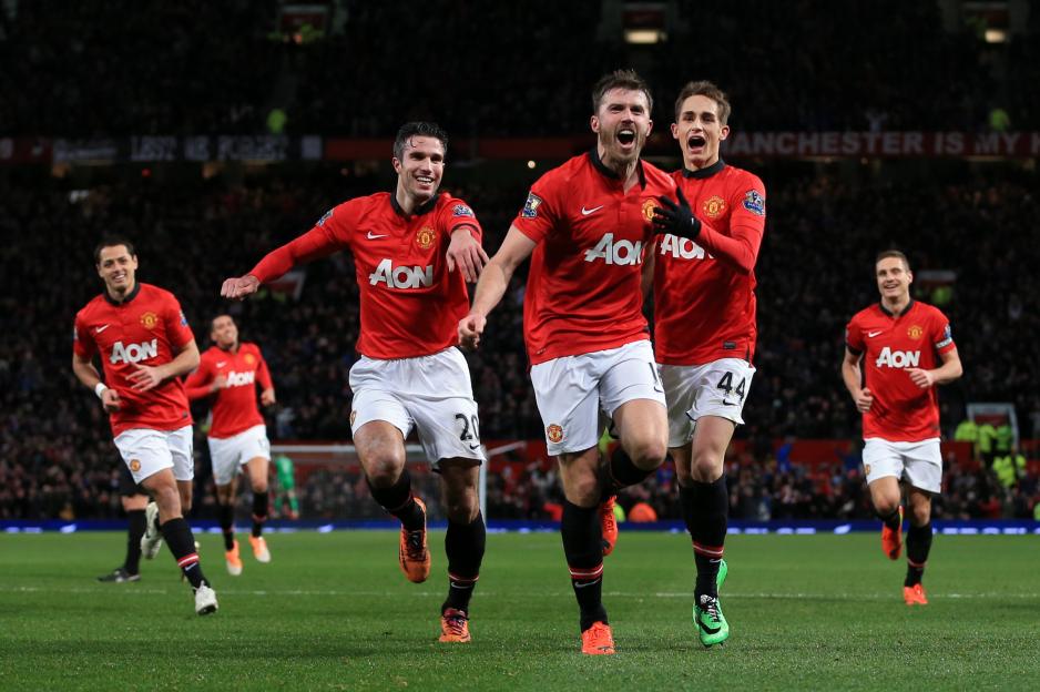 Manchester United players celebrate during a Premier League match against Fulham.