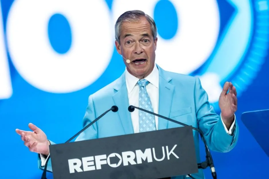 Nigel Farage speaking at the Reform UK party conference.