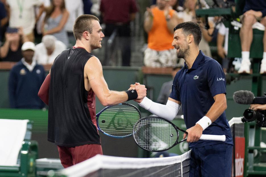 Indian Wells, California, USA. 11th Mar, 2026. JACK DRAPER of Great Britain shakes hands with NOVAK DJOKOVIC of Serbia after beating Novak Djokovic of Serbia during their round of 16 match at the BNP Paribas Open at Indian Wells Tennis Garden on Marc
