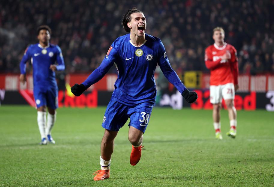 Marc Guiu of Chelsea celebrates scoring his team's third goal.