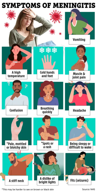 Illustration of the common symptoms of meningitis.