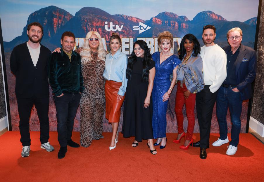 A group of nine celebrities including Seann Walsh, Craig Charles, Gemma Collins, Ashley Roberts, Scarlett Moffatt, Beverley Callard, Sinitta, Adam Thomas, and Harry Redknapp posing on a red carpet in front of a mountain backdrop.