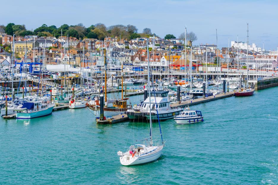 Marina with boats and yachts on the Solent Sea at East Cowes, Isle of Wight, England.