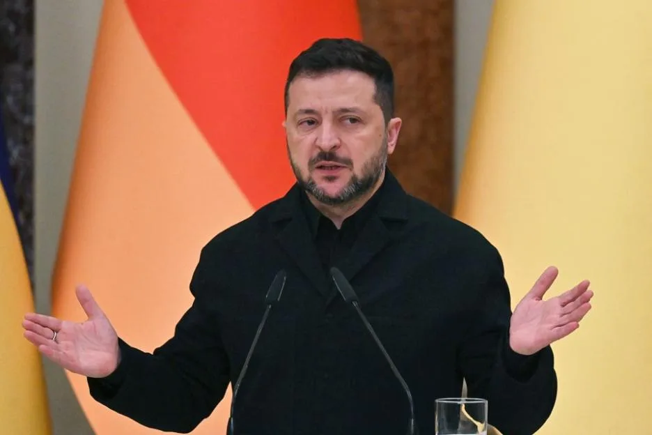 Ukraine's President Volodymyr Zelensky speaks during a press conference in Mariinsky Palace following talks in Kyiv.