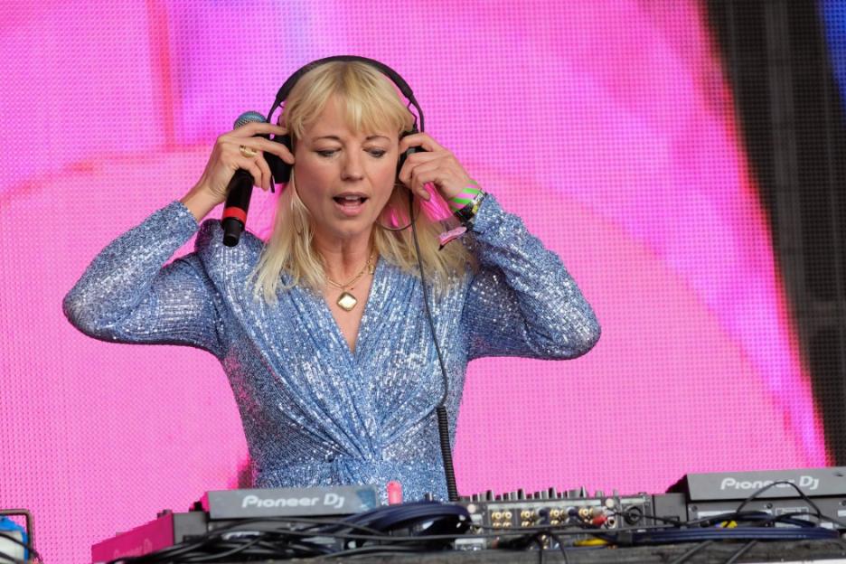 Sara Cox, British female DJ, performs live on stage.