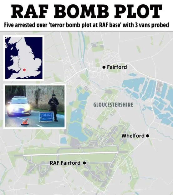 Collage of a map of the RAF Fairford area, a map of England highlighting the area, and a police officer guarding a road closure.