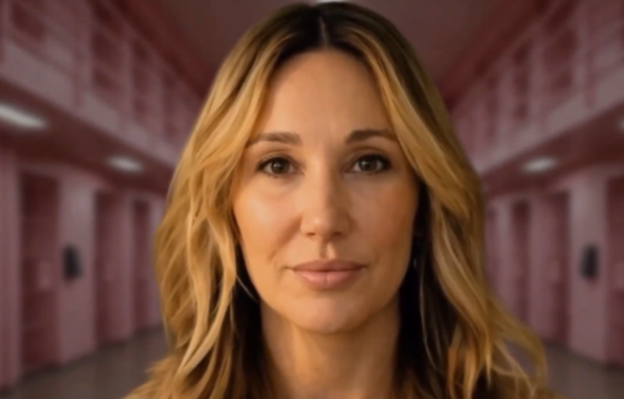 Portrait of a woman with long wavy blonde hair against a blurred background of a prison hallway.