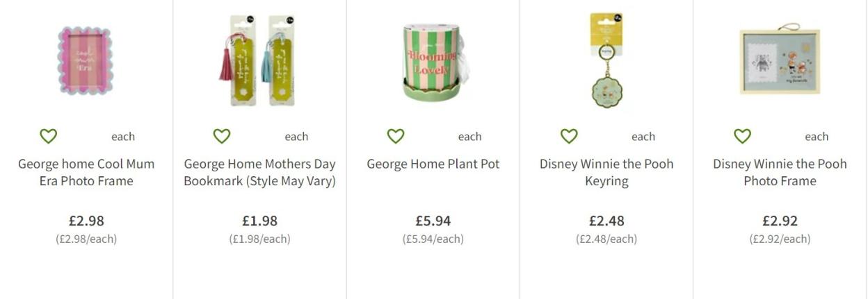 Collage of five different Mother's Day gifts for sale: a pink photo frame, two bookmarks, a plant pot, a Winnie the Pooh keyring, and a Winnie the Pooh photo frame.