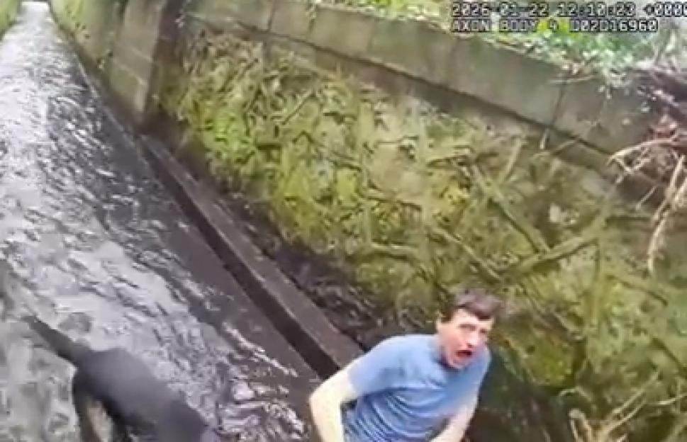A police dog biting a man in a concrete channel.