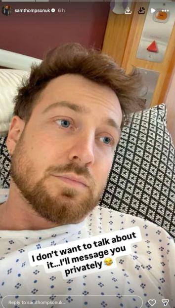 Sam Thompson in a hospital gown, sharing a health update after vocal cord surgery.