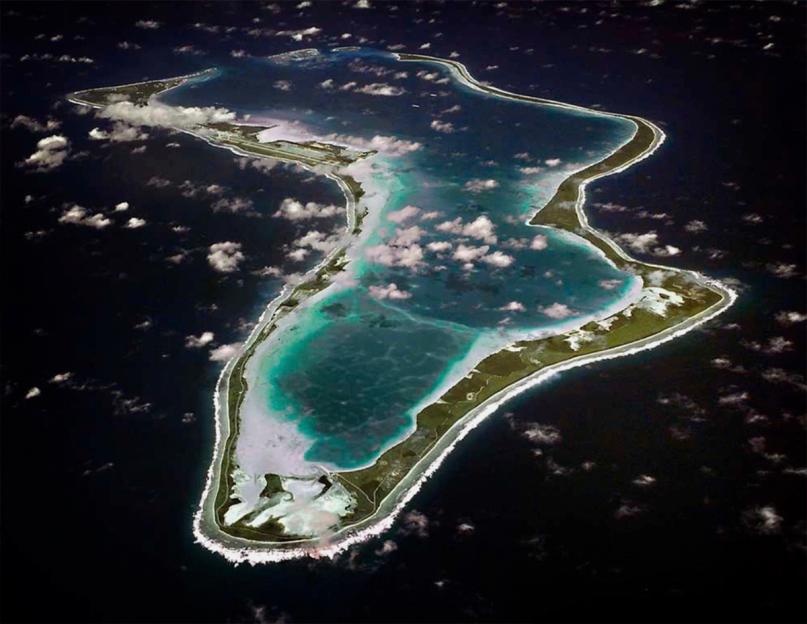 Aerial view of Diego Garcia in the Chagos Island group.