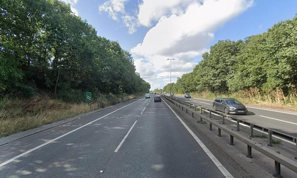 A two-lane highway with cars on the road, bordered by trees on both sides.