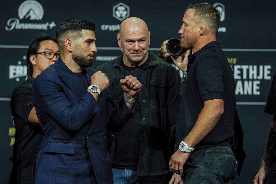 Ilia Topuria and Justin Gaethje face off with Dana White in the background.