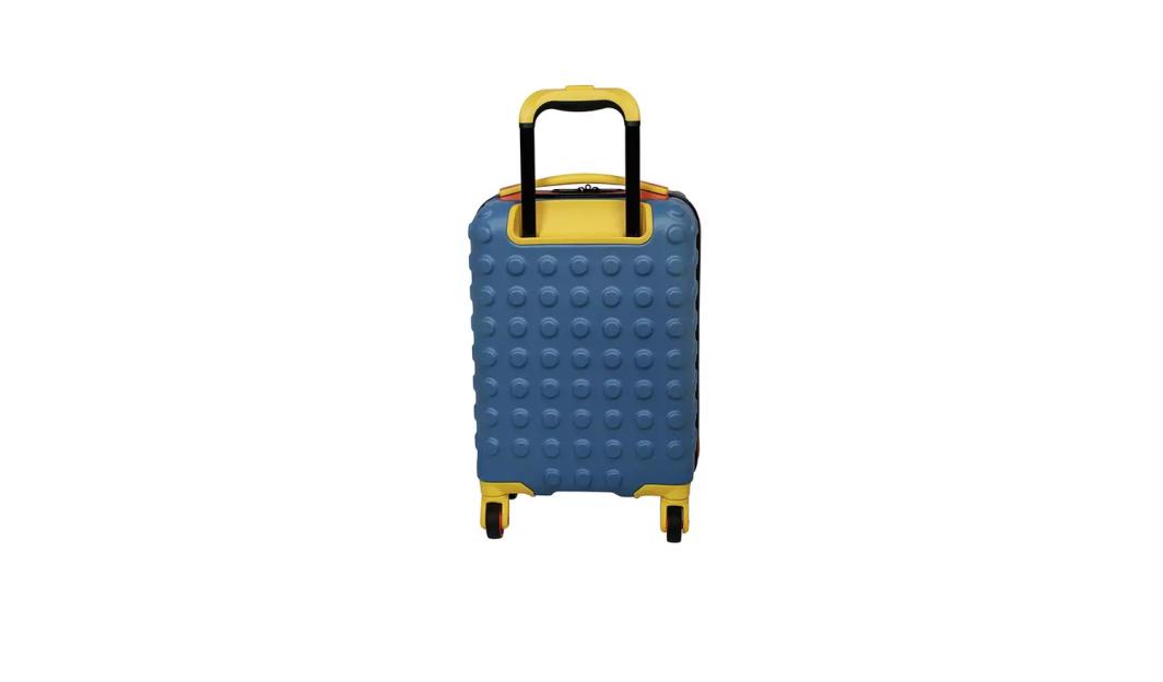 Blue children's brick 4-wheel hard cabin suitcase with yellow accents.