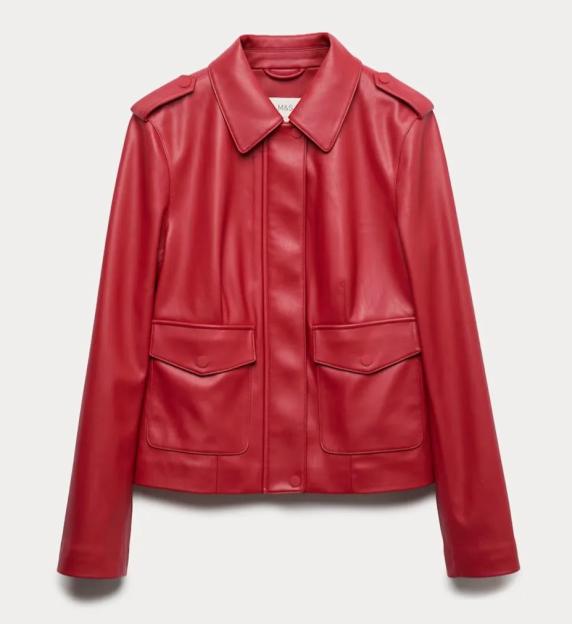 Red M&S Faux Leather Harrington Jacket.