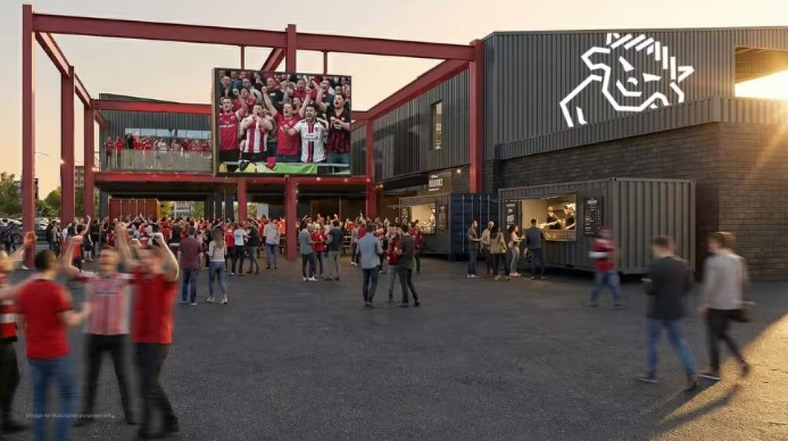 Illustration of Lincoln City's new stadium designs, showing fans gathered in an outdoor plaza with large screens and food stalls.