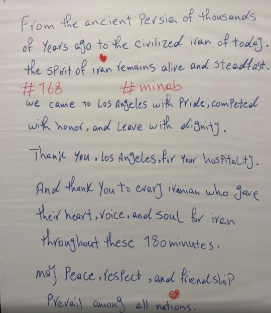Handwritten note thanking Los Angeles for hospitality and Iranians for their support.