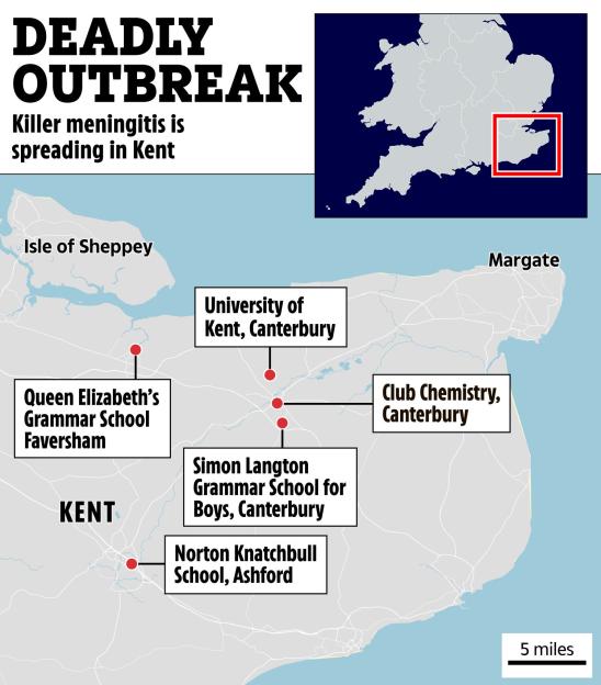 Illustration of a map showing schools and a club in Kent, England, where meningitis is spreading.