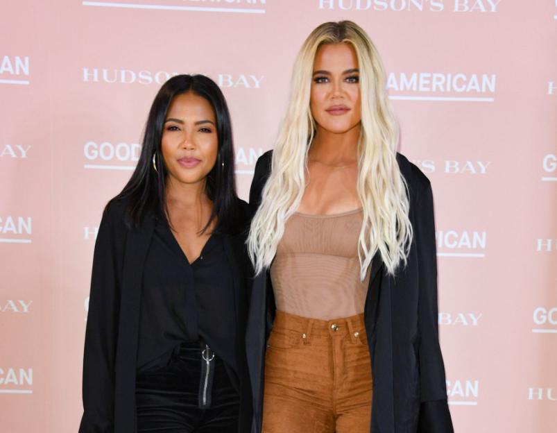 Khloe Kardashian and Emma Grede stand together at the launch of Good American at Hudson's Bay.