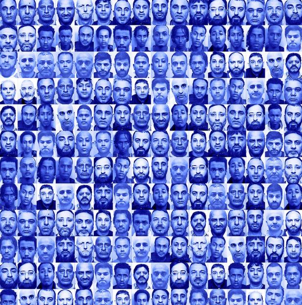 Collage of mugshots of men with blue tint.