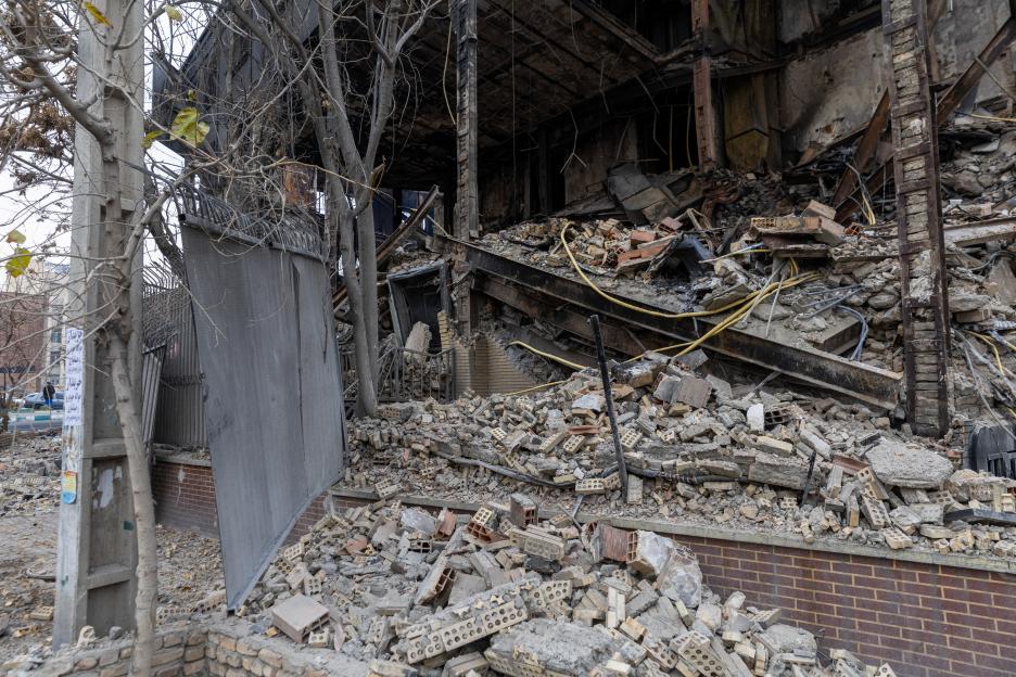 Debris from a damaged building in Tehran following anti-government protests.