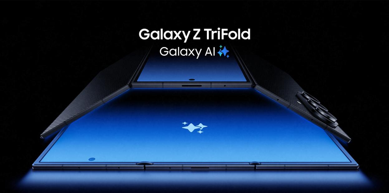 Illustration of a Samsung trifold phone opening up, with "Galaxy Z TriFold" and "Galaxy AI" text.