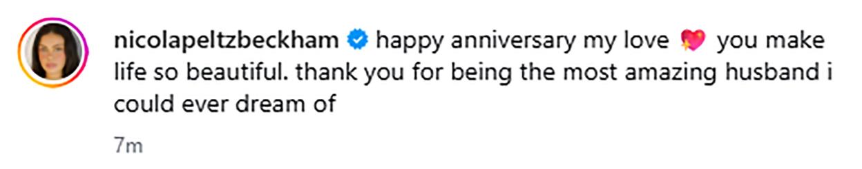 Instagram post from @nicolapeltzbeckham wishing her husband a happy anniversary.