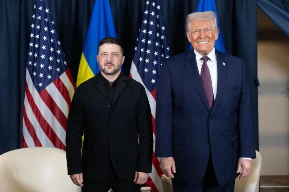 Ukraine's President Volodymyr Zelensky and US President Donald Trump pose for a photo during their meeting in Davos.