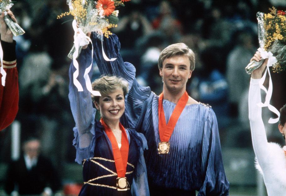 Jayne Torvill and Christopher Dean with gold medals for ice dance in Sarajevo.