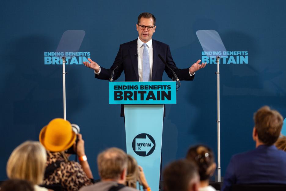 Robert Jenrick, Reform UK Treasury spokesman, speaks at a press conference on welfare policy.