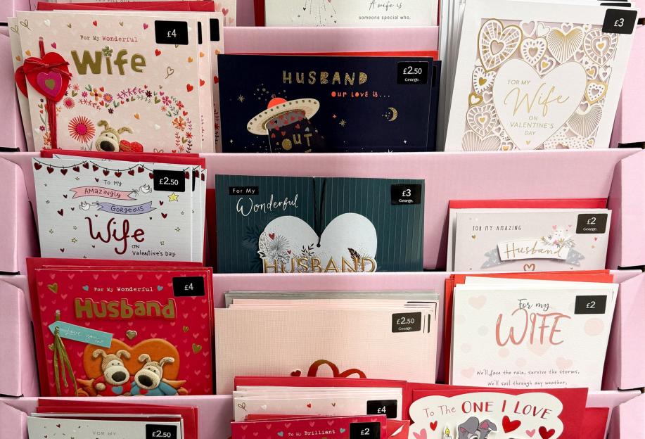A display of Valentine's Day cards for "Wife" and "Husband."