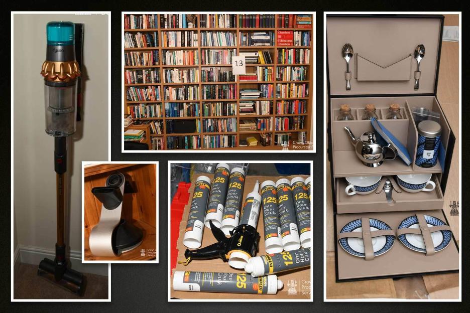 Collage of items seized from Peter Murrell's home, including a Dyson vacuum cleaner, a bookshelf, caulk tubes and gun, and a tea set.