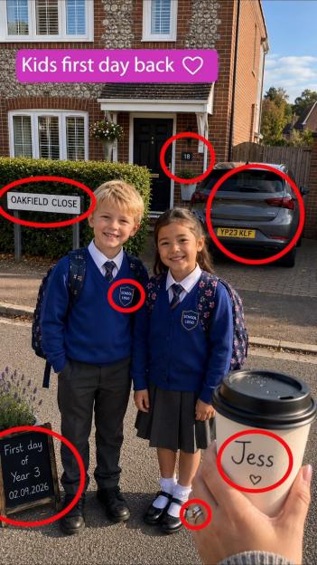 Photo of two children in school uniforms with a coffee cup in the foreground.