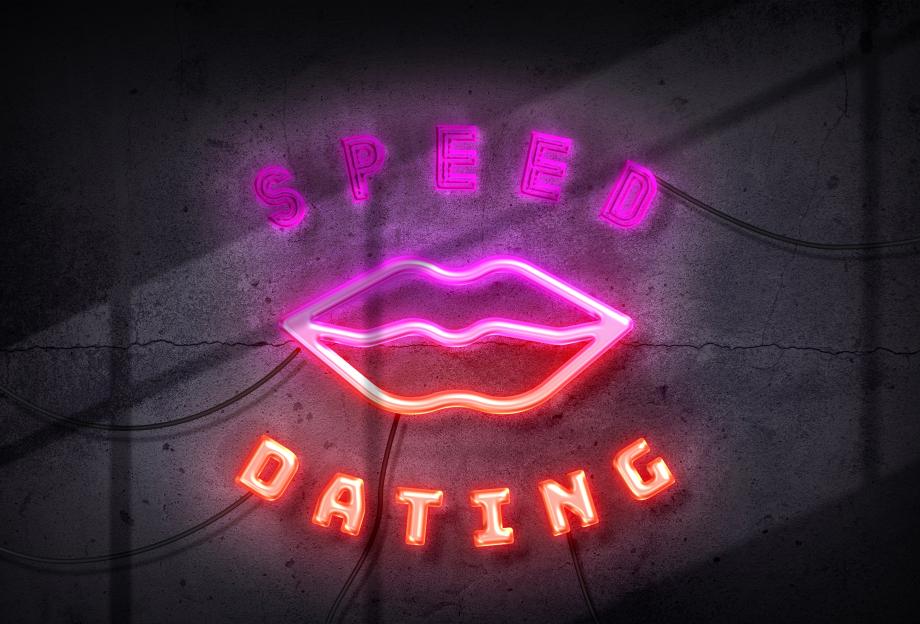 Illustration of a "Speed Dating" neon sign with a pair of lips.